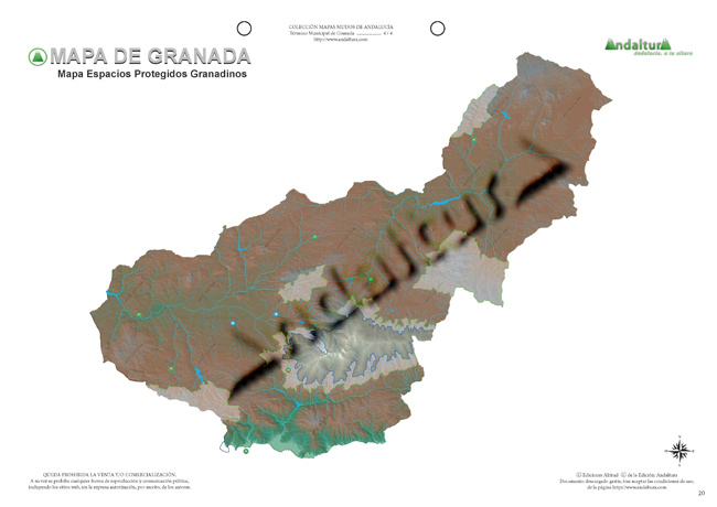 Mapa mudo de Granada - Mapa didáctico de Granada - Mapa mudo Espacios Naturales Granada - Mapa físico Espacios Naturales Granada