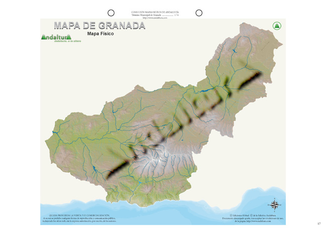 Mapa mudo de Granada - Mapa didáctico de Granada - Mapa mudo ríos y embalses Granada - Mapa físico ríos y embalses Granada