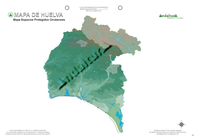 Mapa mudo de Huelva - Mapa didáctico de Huelva - Mapa mudo Espacios Naturales Huelva - Mapa físico Espacios Naturales Huelva