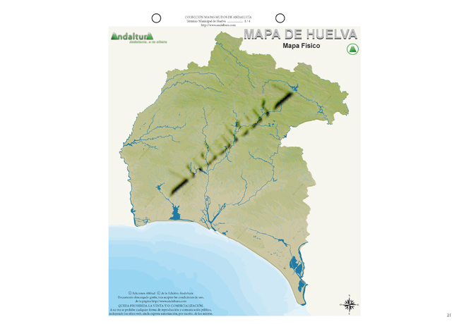 Mapa mudo de Huelva - Mapa didáctico de Huelva - Mapa mudo ríos y embalses Huelva - Mapa físico ríos y embalses Huelva