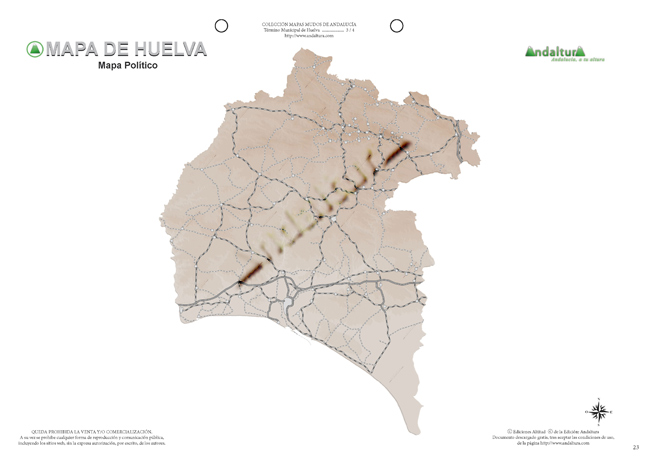 Mapa mudo de Huelva - Mapa didáctico de Huelva - Mapa mudo pueblos y carreteras Huelva - Mapa político pueblos y carreteras Huelva