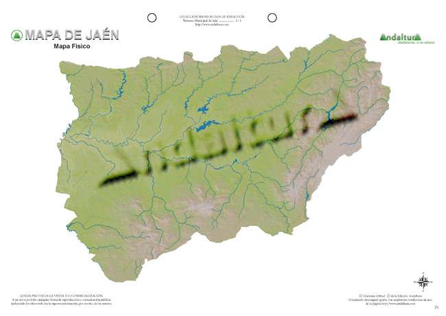 Mapa mudo de Jaén - Mapa didáctico de Jaén - Mapa mudo ríos y embalses Jaén - Mapa físico ríos y embalses Jaén
