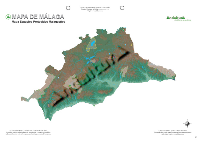 Mapa mudo de Málaga - Mapa didáctico de Málaga - Mapa mudo Espacios Naturales Málaga - Mapa físico Espacios Naturales Málaga