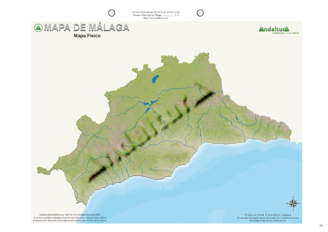 Mapa mudo de Málaga - Mapa didáctico de Málaga - Mapa mudo ríos y embalses Málaga - Mapa físico ríos y embalses Málaga