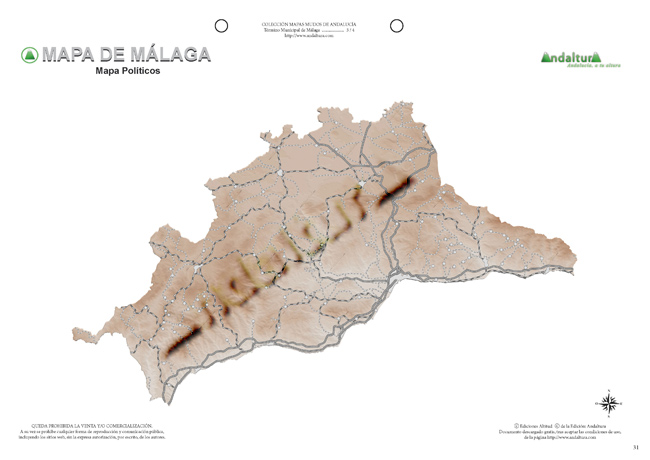 Mapa mudo de Málaga - Mapa didáctico de Málaga - Mapa mudo pueblos y carreteras Málaga - Mapa político pueblos y carreteras Málaga