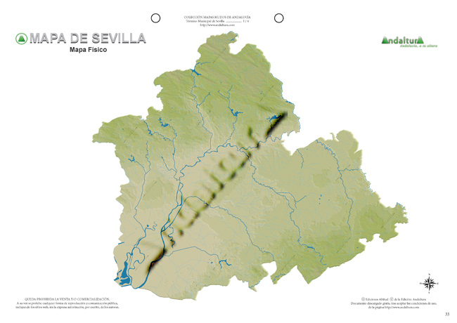 Mapa mudo de Sevilla - Mapa didáctico de Sevilla - Mapa mudo ríos y embalses Sevilla - Mapa físico ríos y embalses Sevilla