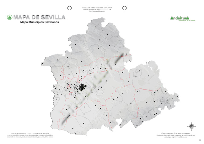 Mapa mudo de Sevilla - Mapa didáctico de Sevilla - Mapa mudo localidades, municipios y pueblos Sevilla - Mapa político localidades, municipios y pueblos Sevilla