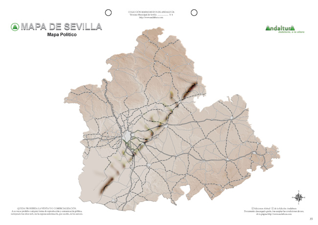 Mapa mudo de Sevilla - Mapa didáctico de Sevilla - Mapa mudo pueblos y carreteras Sevilla - Mapa político pueblos y carreteras Sevilla