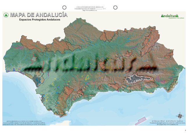 Mapa mudo de Andalucía - Mapa didáctico de Andalucía - Mapa mudo Espacios Naturales Andalucía - Mapa físico Espacios Naturales Andalucía
