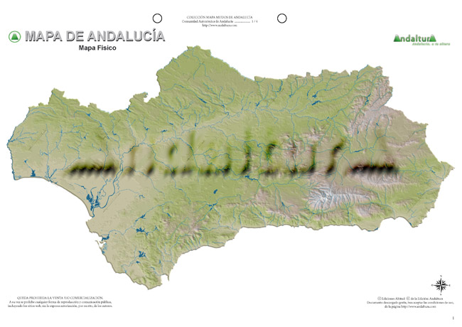 Mapa mudo de Andalucía - Mapa didáctico de Andalucía - Mapa mudo ríos y embalses Andalucía - Mapa físico ríos y embalses Andalucía