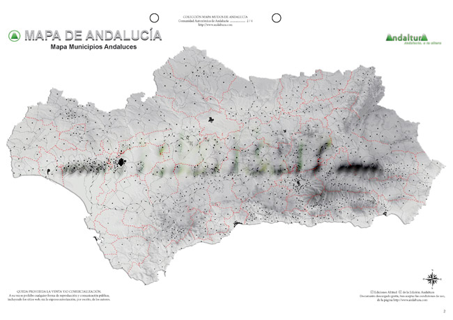 Mapa mudo de Andalucía - Mapa didáctico de Andalucía - Mapa mudo localidades, municipios y pueblos Andalucía - Mapa político localidades, municipios y pueblos Andalucía