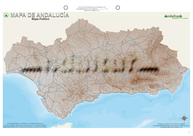 Mapa mudo de Andalucía - Mapa didáctico de Andalucía - Mapa mudo pueblos y carreteras Andalucía - Mapa político pueblos y carreteras Andalucía
