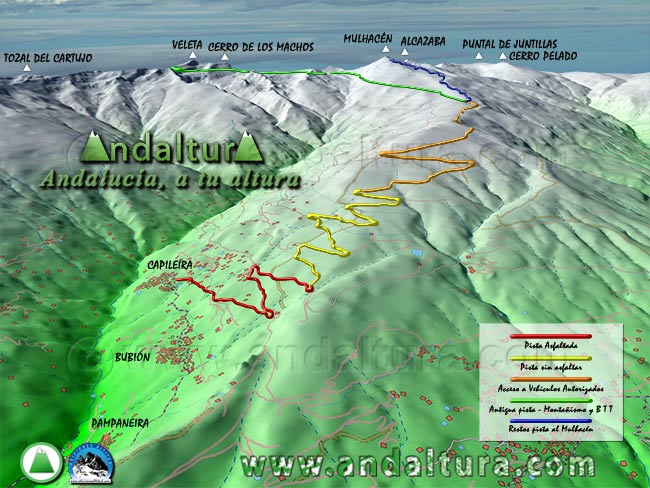 Mapa y Plano en una imagen virtual 3D de los tramos de la pista que desde Capileira asciende al Collado de la Carihuela y el Veleta