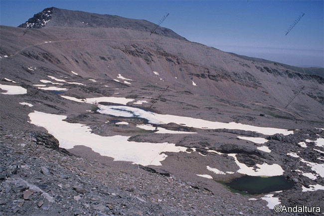 Cuenca glaciar y Láminas de agua de las Lagunas de río Seco, al fondo Loma Pelá y el Mulhacén