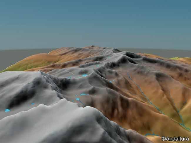 Plano de Sierra Nevada con una imagen virtual 3d de los Tresmiles por encima de la Alcazaba desde el parapente de la imagen real