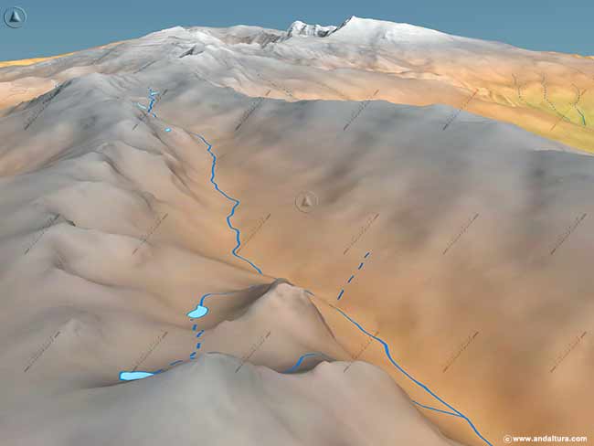 Imagen virtual 3D de los Tresmiles de Sierra Nevada desde el Cerro del Caballo y el Valle de Lanjarón