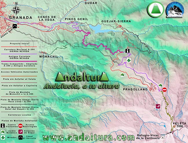 Mapa y Plano de Sierra Nevada de los Accesos a la Estación de Esquí Sierra Nevada y al Veleta, tanto desde Granada como desde Güéjar-Sierra y Monachil