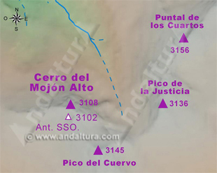 Mapa de los Tresmiles de Sierra Nevada: Situación del Cerro del Mojón Alto y su antecima