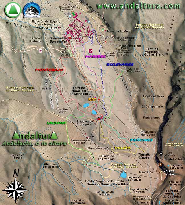 Mapa de Sierra Nevada y los Circuitos para MTB Bikepark de la Estación de Esquí Sierra Nevada