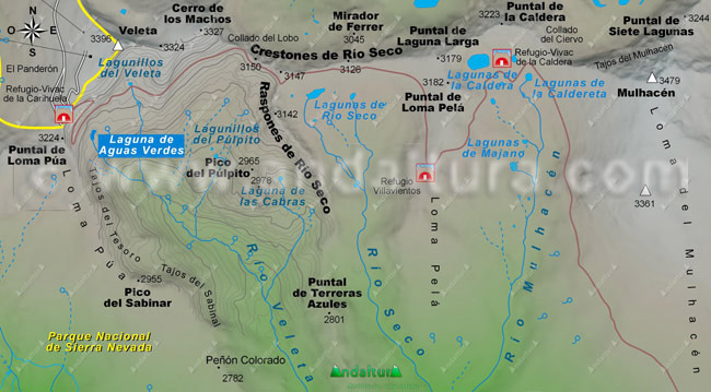 Mapa de las Lagunas de Sierra Nevada: Situación de las Lagunas de Aguas Verdes