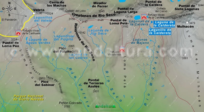 Mapa de las Lagunas de Sierra Nevada: Situación de la Laguna de la Caldereta
