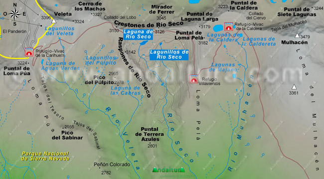 Mapa de las Lagunas de Sierra Nevada: Situación de las Lagunas de río Seco