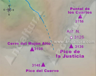 Mapa de los Tresmiles de Sierra Nevada: Situación del Pico de la Justicia y su antecima