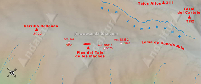 Mapa de los Tresmiles de Sierra Nevada: Situación del Pico del Tajo de los Machos y sus antecimas