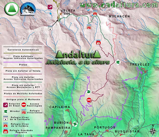 Mapa y Plano de Sierra Nevada de los Accesos a la Estación de Esquí Sierra Nevada y al Veleta desde Capileira