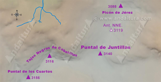 Mapa de los Tresmiles de Sierra Nevada: Situación de Puntal de Juntillas y su antecima