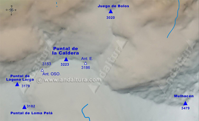 Mapa de los Tresmiles de Sierra Nevada: Situación del Puntal de la Caldera y sus antecimas