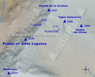 Mapa de los Tresmiles de Sierra Nevada: Situación del Puntal de Siete Lagunas y sus antecimas