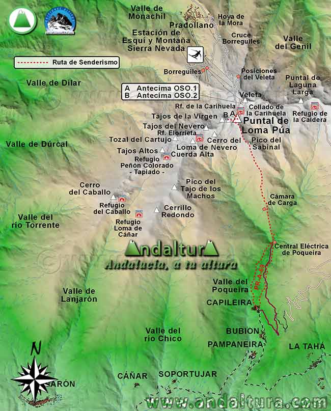 Mapa Sierra Nevada con las Rutas de Senderismo para ascender al Puntal de Loma Púa desde Capileira por Loma Púa, por la Laguna de las Cabras o por el Refugio Poqueira