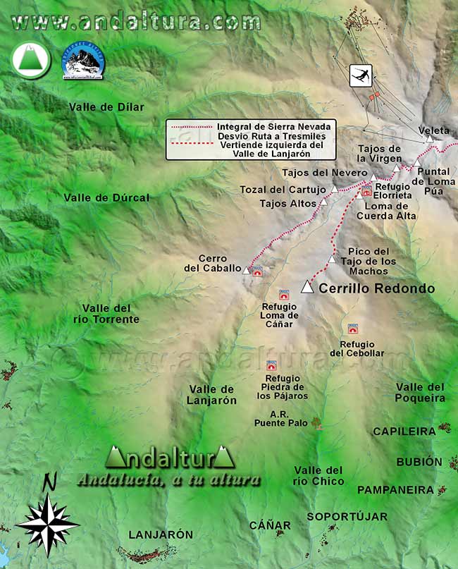 Mapa Sierra Nevada con la Ruta de Senderismo para ascender a Cerrillo Redondo por la Integral de Sierra Nevada