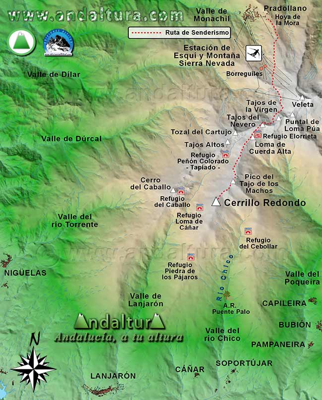 Mapa Sierra Nevada con la Ruta de Senderismo para ascender a Cerrillo Redondo desde la Estación de Esquí Sierra Nevada en la Hoya de la Mora por la Laguna de las Yeguas y los Lagunillos de la Virgen