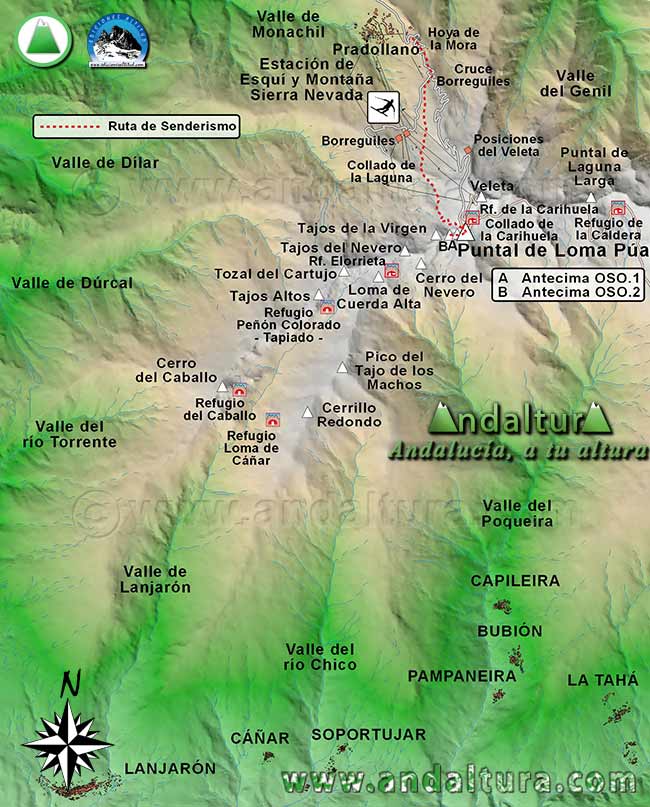 Mapa Sierra Nevada con la Ruta de Senderismo para ascender al Puntal de Loma Púa desde la Estación de Esquí Sierra Nevada en la Hoya de la Mora por la Laguna de las Yeguas y los Lagunillos de la Virgen