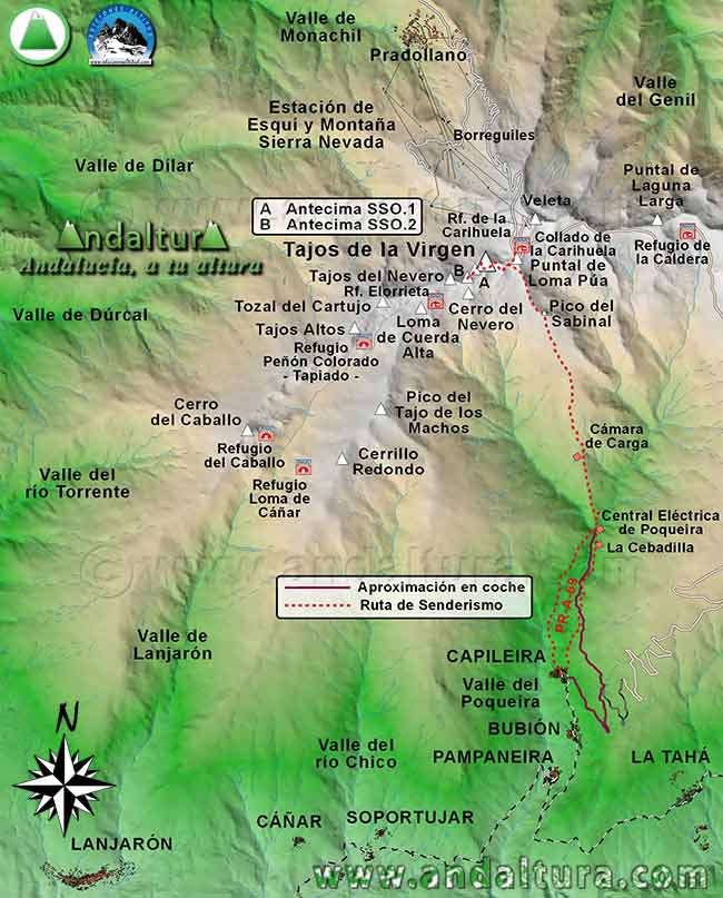 Mapa Sierra Nevada con las Rutas de Senderismo para ascender a los Tajos de la Virgen desde Capileira por Loma Púa, por la Laguna de las Cabras o por el Refugio Poqueira