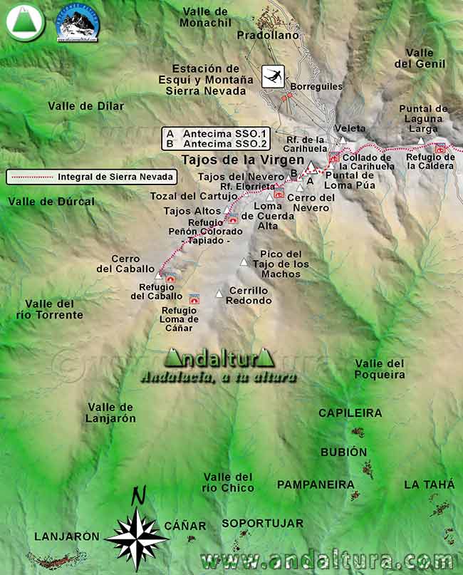 Mapa Sierra Nevada con la Ruta de Senderismo para ascender a los Tajos de la Virgen por la Integral de Sierra Nevada