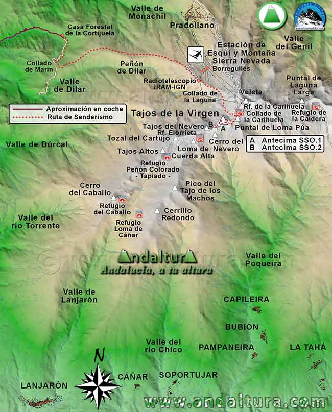 Mapa Sierra Nevada con la Ruta de Senderismo para ascender a los Tajos de la Virgen desde La Zubia o Monachil a partir de la Casa Forestal de la Cortijuela por la Loma de Dílar y la Laguna de las Yeguas