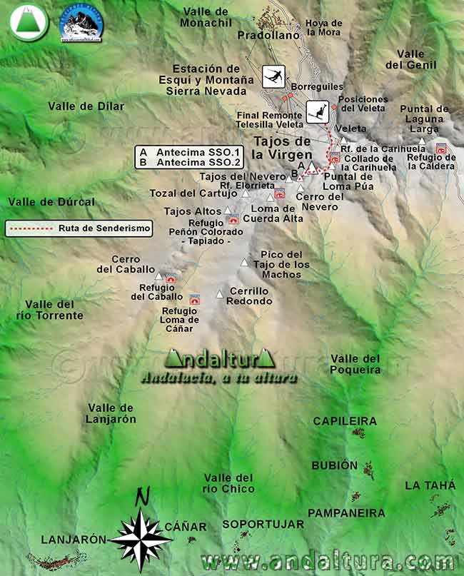 Mapa Sierra Nevada con la Ruta de Senderismo para ascender a los Tajos de la Virgen desde la parada final del Telesillla Veleta - Ruta de Senderismo por los Medios Mecánicos de la Estación de Esquí Sierra Nevada en verano