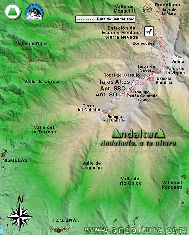 Mapa Sierra Nevada con la Ruta de Senderismo para ascender a Tajos Altos desde la Estación de Esquí Sierra Nevada en la Hoya de la Mora por el Collado de la Laguna y los Lagunillos de la Virgen