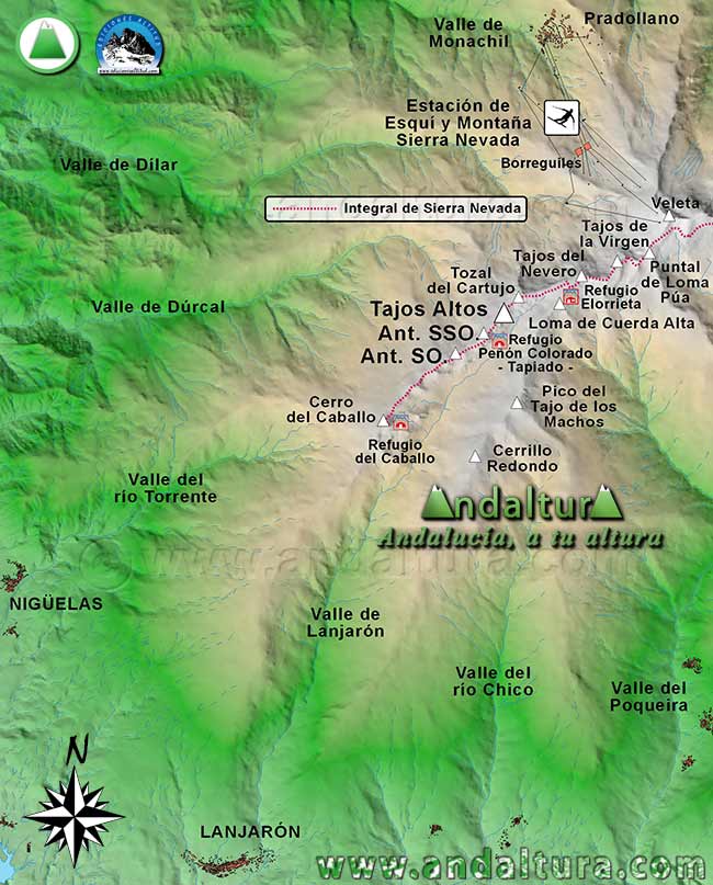 Mapa Sierra Nevada con la Ruta de Senderismo para ascender a Tajos Altos por la Integral de Sierra Nevada