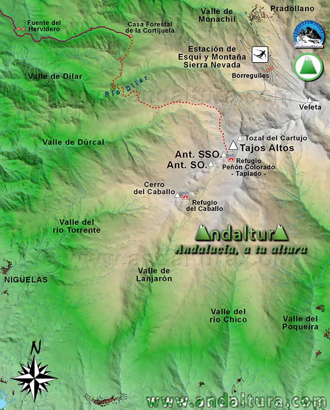 Mapa Sierra Nevada con la Ruta de Senderismo para ascender a Tajos Altos desde La Zubia o Monachil partiendo de la Casa Forestal de la Cortijuela