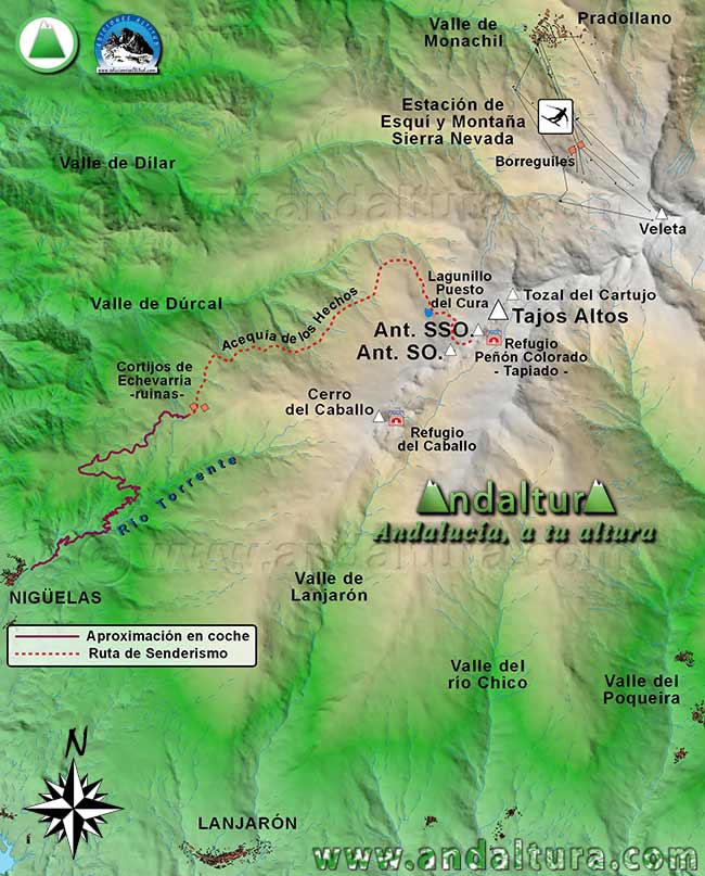 Mapa Sierra Nevada con la Ruta de Senderismo para ascender a Tajos Altos desde Nigüelas tras alcanzar los Cortijos de Echevaría y la Acequia de los Hechos