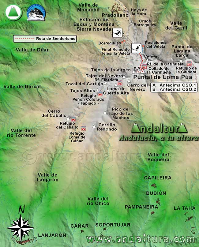 Mapa Sierra Nevada con la Ruta de Senderismo para ascender al Puntal de Loma Púa desde la parada final del Telesillla Veleta - Ruta de Senderismo por los Medios Mecánicos de la Estación de Esquí Sierra Nevada en verano