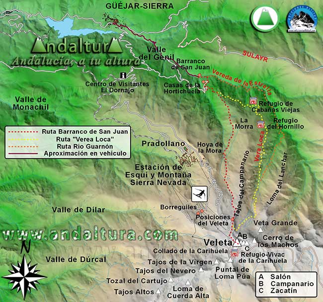 Mapa Sierra Nevada con las Rutas de Senderismo para ascender al Veleta desde Güéjar-Sierra por el Barranco de San Juan o el Valle del río Guarnón