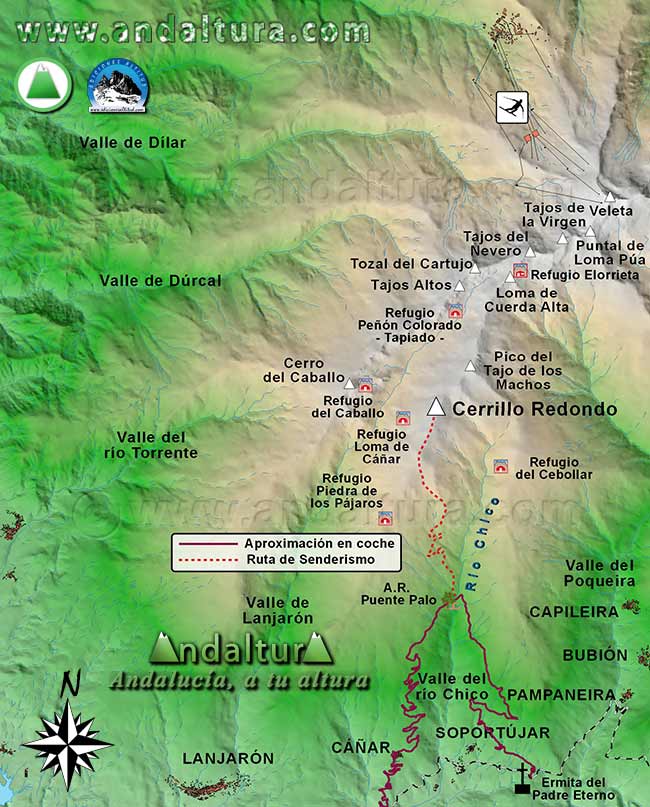 Mapa Sierra Nevada con la Ruta de Senderismo para ascender a Cerrillo Redondo desde Cáñar o Soportújar partiendo del Área Recreativa Puente Palo