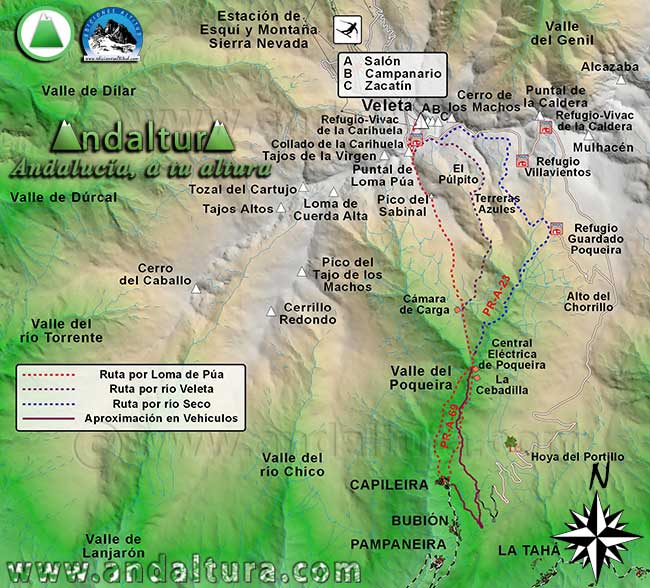 Mapa Sierra Nevada con las Rutas de Senderismo para ascender al Veleta desde Capileira por Loma Púa, por la Laguna de las Cabras o por el Refugio Poqueira