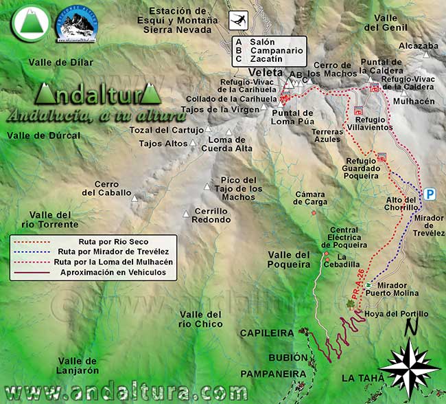 Mapa Sierra Nevada con las Rutas de Senderismo para ascender al Veleta desde la Hoya del Portillo - Mapa de las Rutas desde la lanzadera del SIAC Capileira - Alto del Chorrillo al Veleta