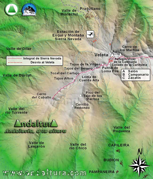 Mapa Sierra Nevada con la Ruta de Senderismo para ascender al Veleta por la Integral de Sierra Nevada